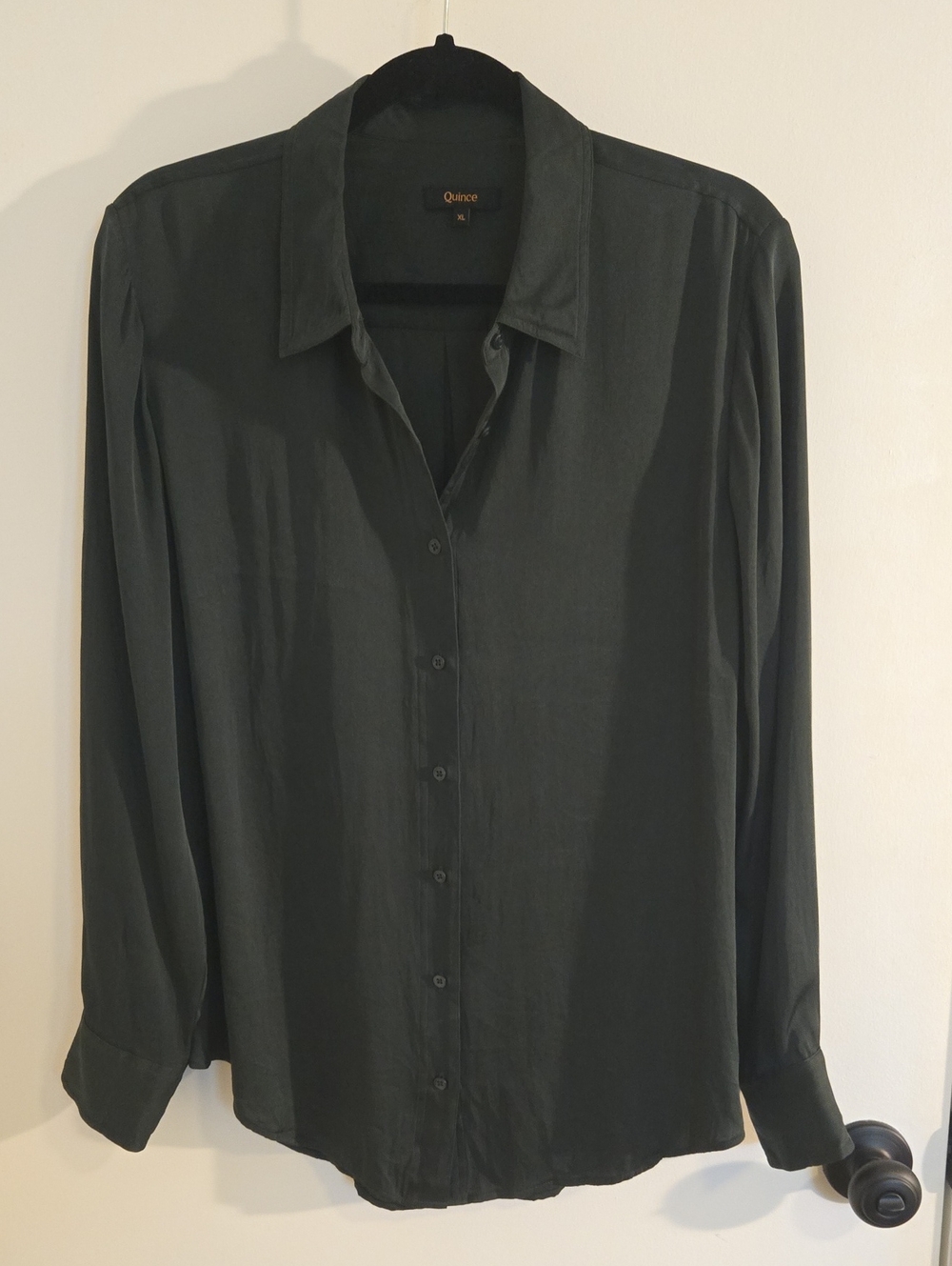 Quince 100% Silk Forest Green Long-Sleeve Button-Up Blouse